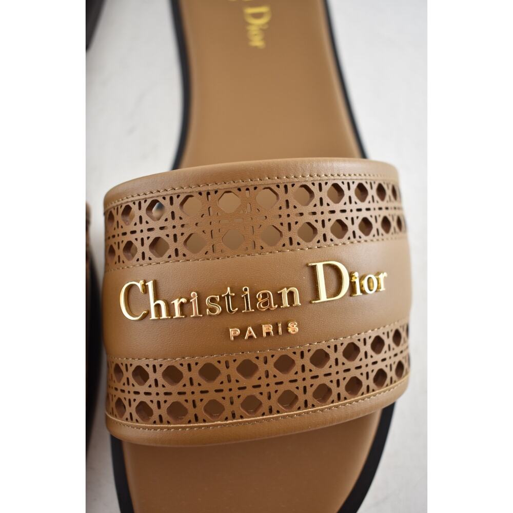 Dior D-Lane Dway Micro Cannage Chestnut Brown Leather Logo Slide Flat Sandal 37 - Picture 11 of 16